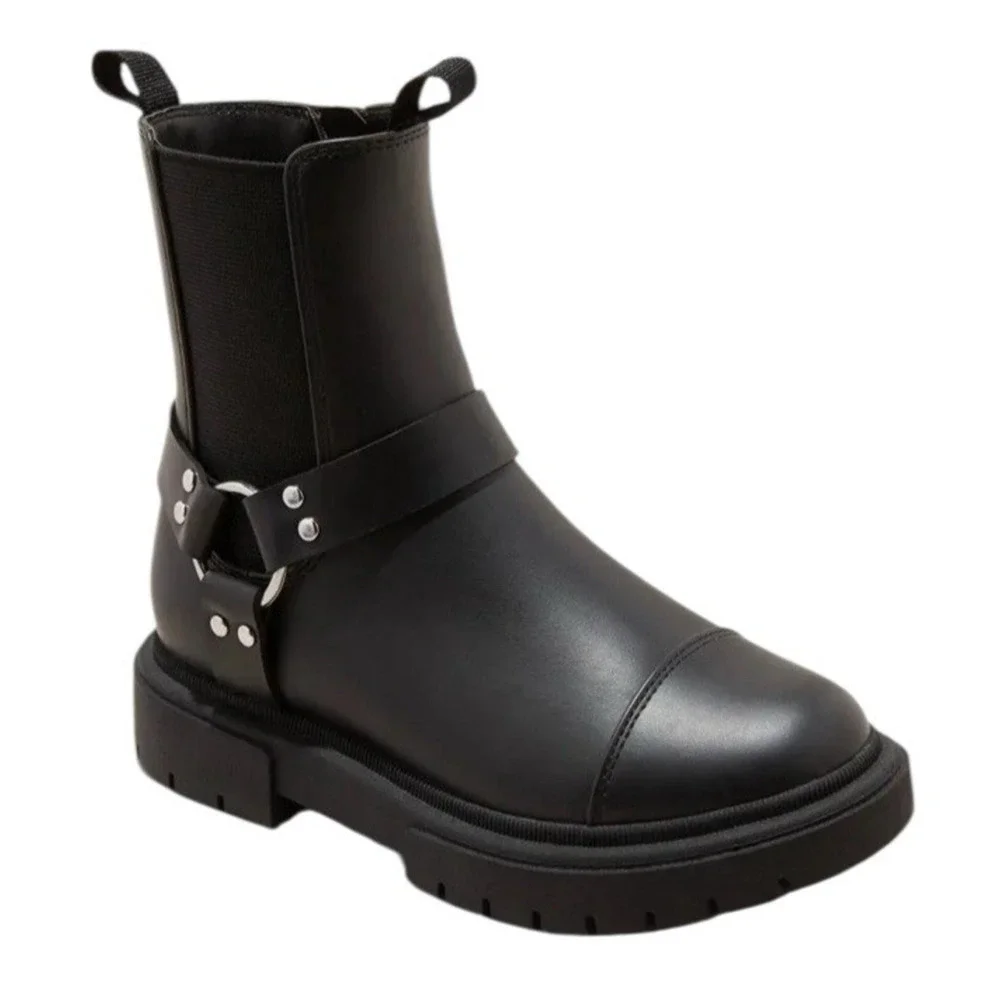 Art Class Kids' Crosby Harness Moto Boots Black Zipper Pull Tab
